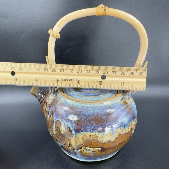Vintage Pottery Stoneware Teapot Carafe With Wood Handle Drip Glaze Signed Mosia - Picture 3 of 16